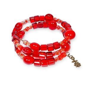 Glass Red Clear Marbled Beads Silver Tone Coil Bronze Flower Charm Bracelet 7"